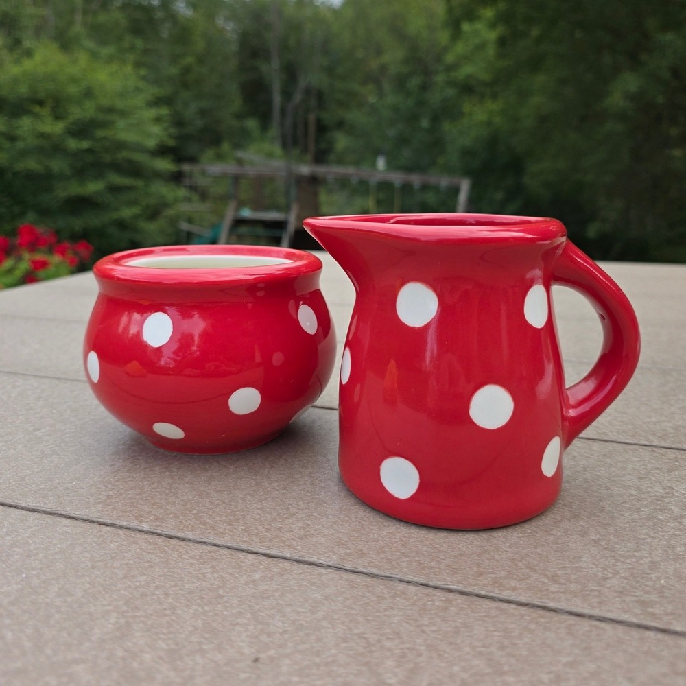 Red White Polka Dot Ceramic Creamer and Open Sugar Bowl Set of 2 Mickey Minnie